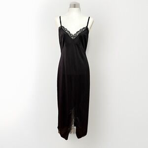VTG‎ JCPenney Black Nylon Lace Full Slip Nightgown Sz M Long Maxi Lingerie 53"